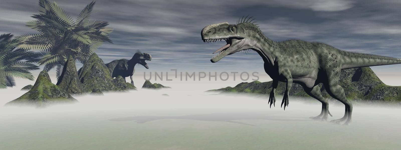 two monolophosaurus dinosaur which are in confrontation the middle of a mountainous landscape