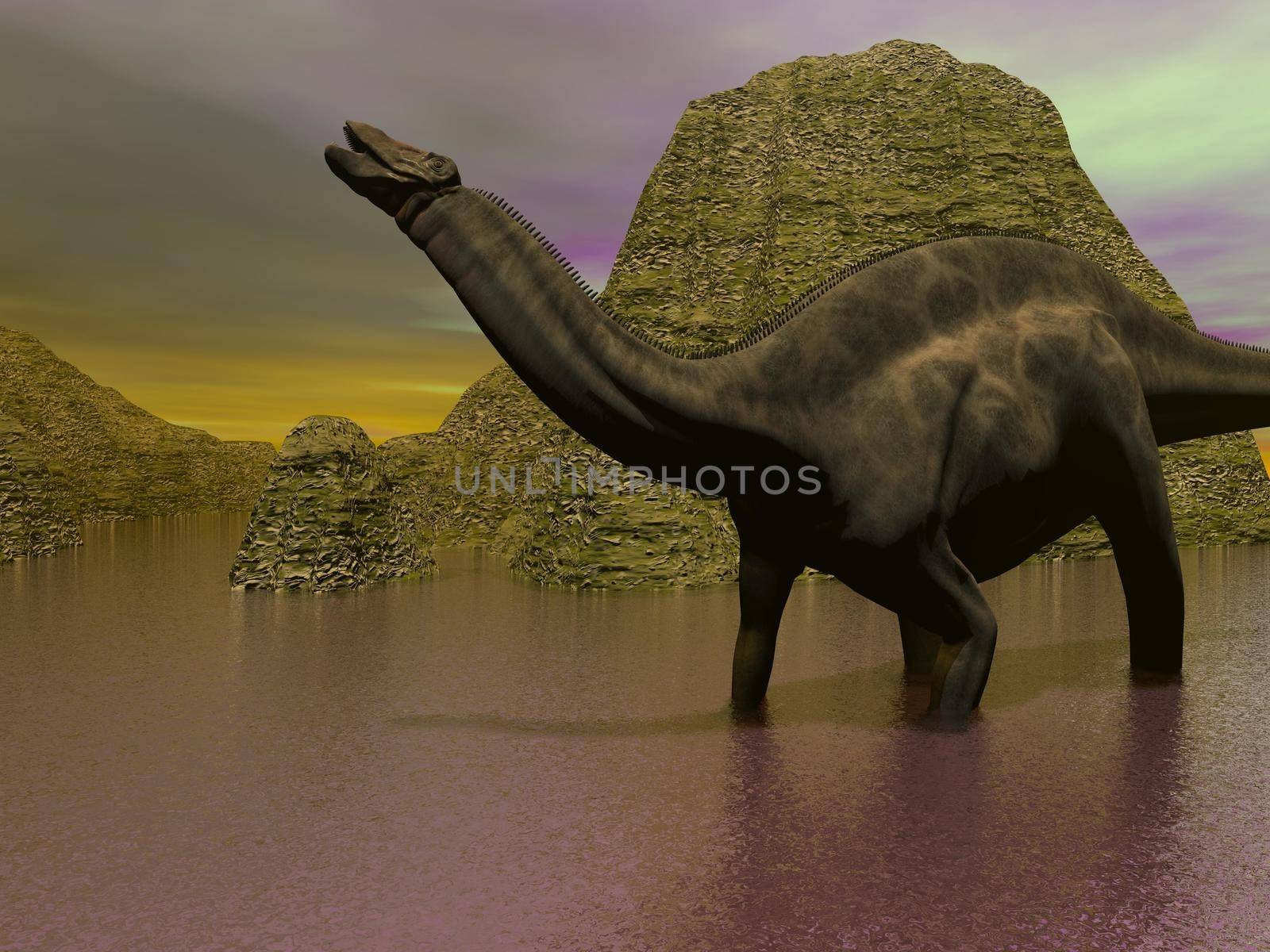 A dicraeosaurus dinosaur legs in the water surrounded with mountains