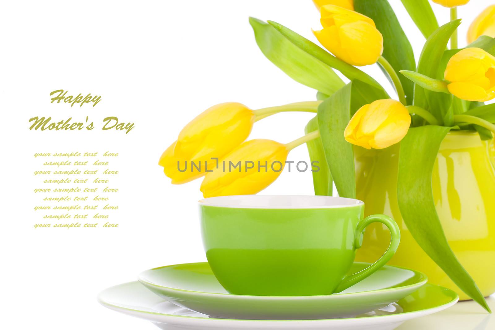 yellow tulips flowers with cup tea, on a white background. breakfast for mommy, happy mothers day, morning drink, romantic still life, fresh flowers