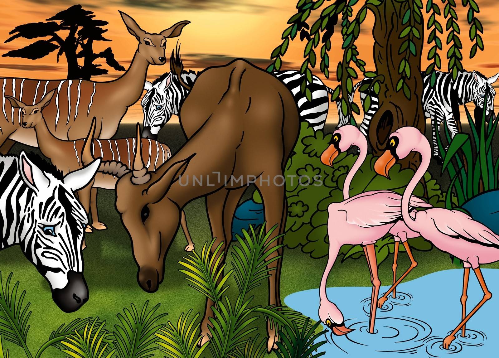 African Animals - Cartoon Background Illustration, Bitmap