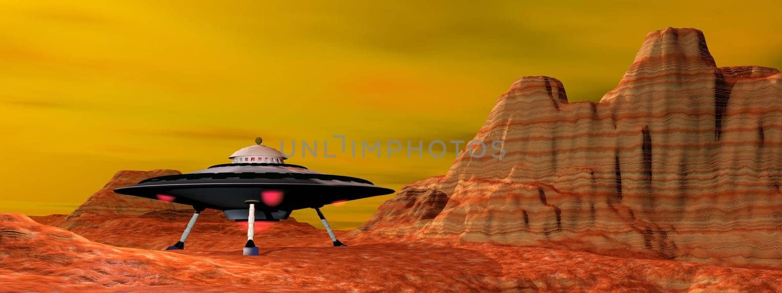 UFO with lights landed in desert landscape by sunset