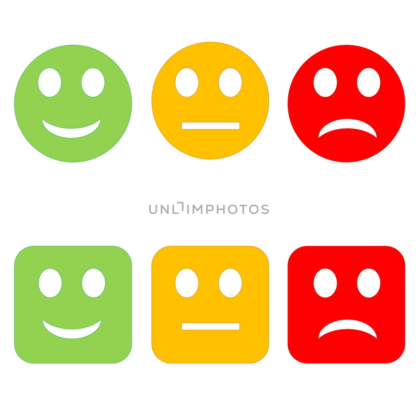 Three circle and square happy to sad smileys in white background
