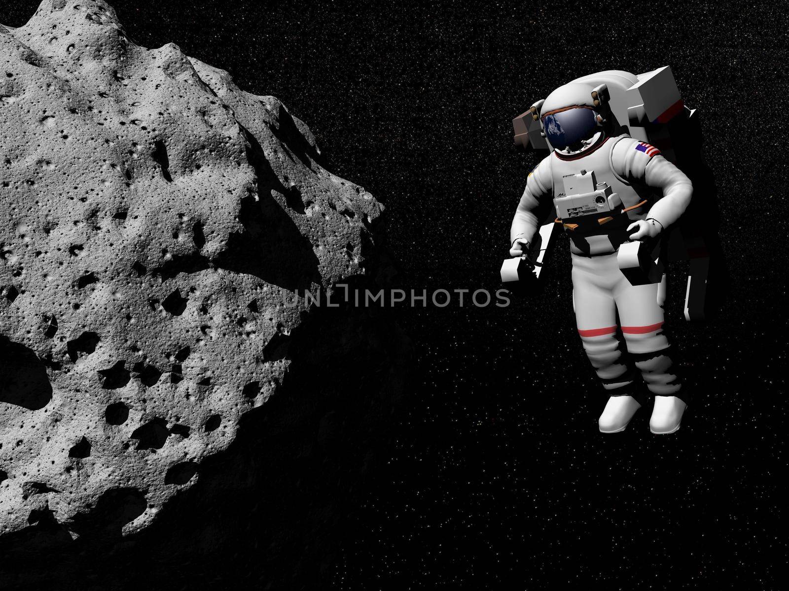 Astronaut exploring asteroid - 3D render by Elenaphotos21