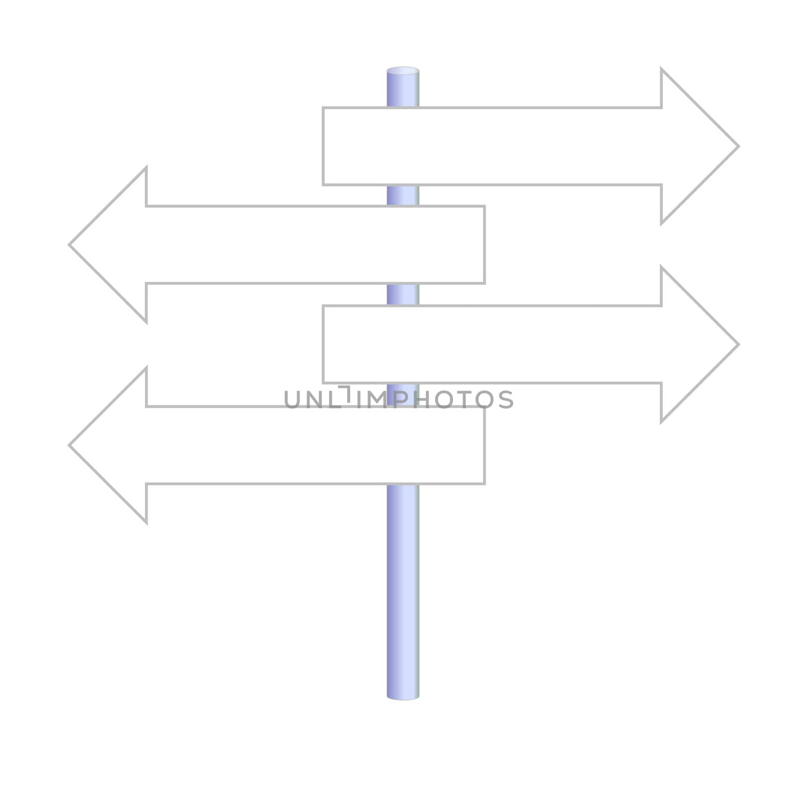 Four empty arrows on a post in white background