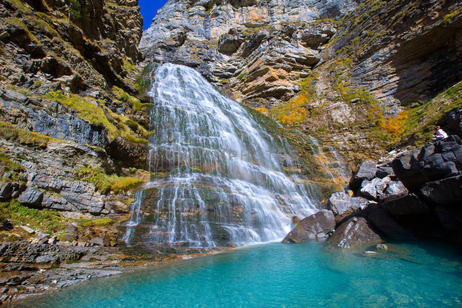 Cascada Cola de Caballo waterfall under Monte Perdido at Ordesa Valley Aragon Huesca Pyrenees of Spain