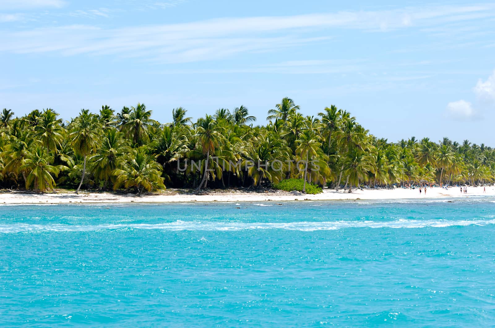 Caribbean island with a nice beach and green palms. The picture of the beach is taken from a boat on sea.