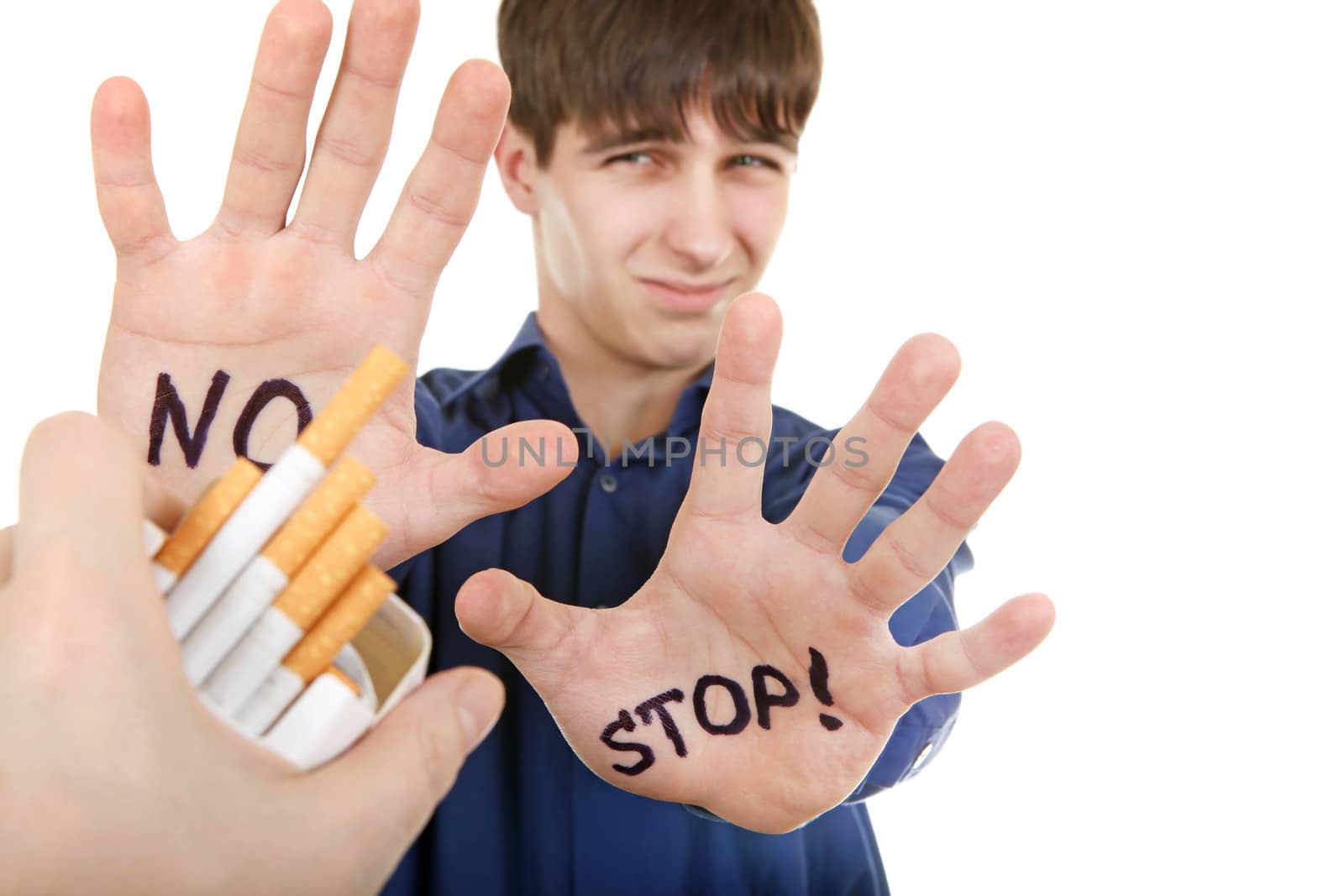 Teenager refuses Cigarette Isolated on the White Background