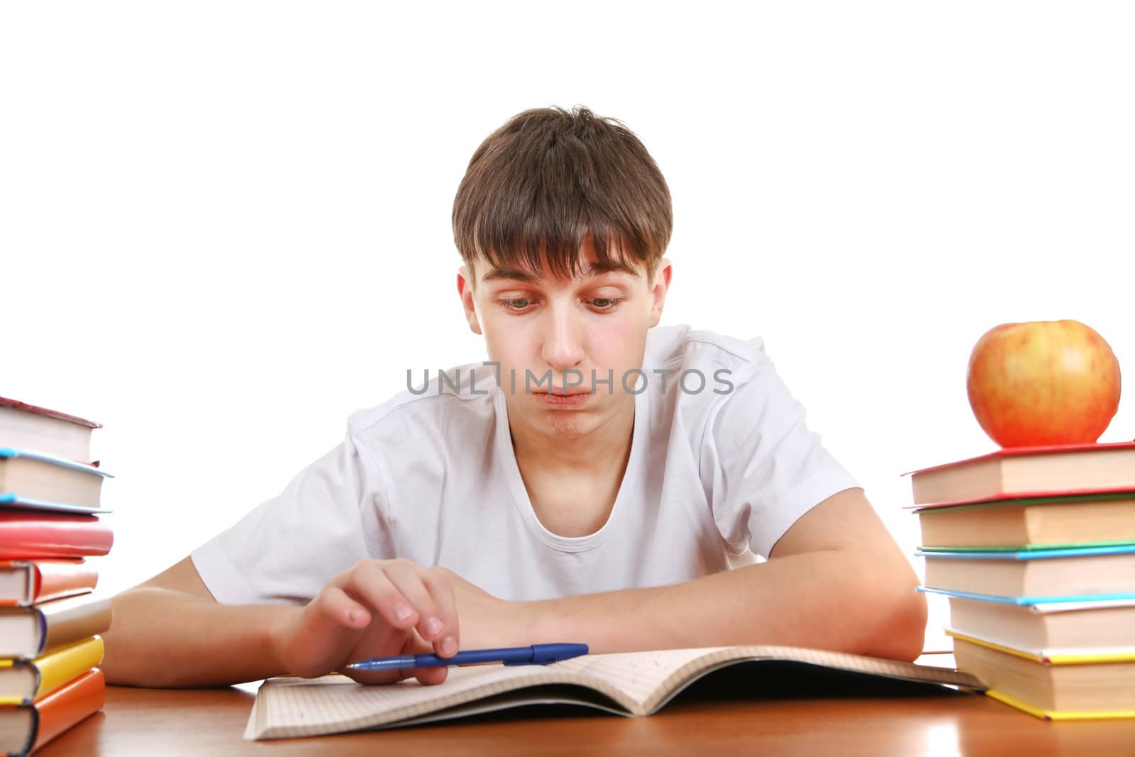 Tired Student at the School Desk Isolated on the White Background