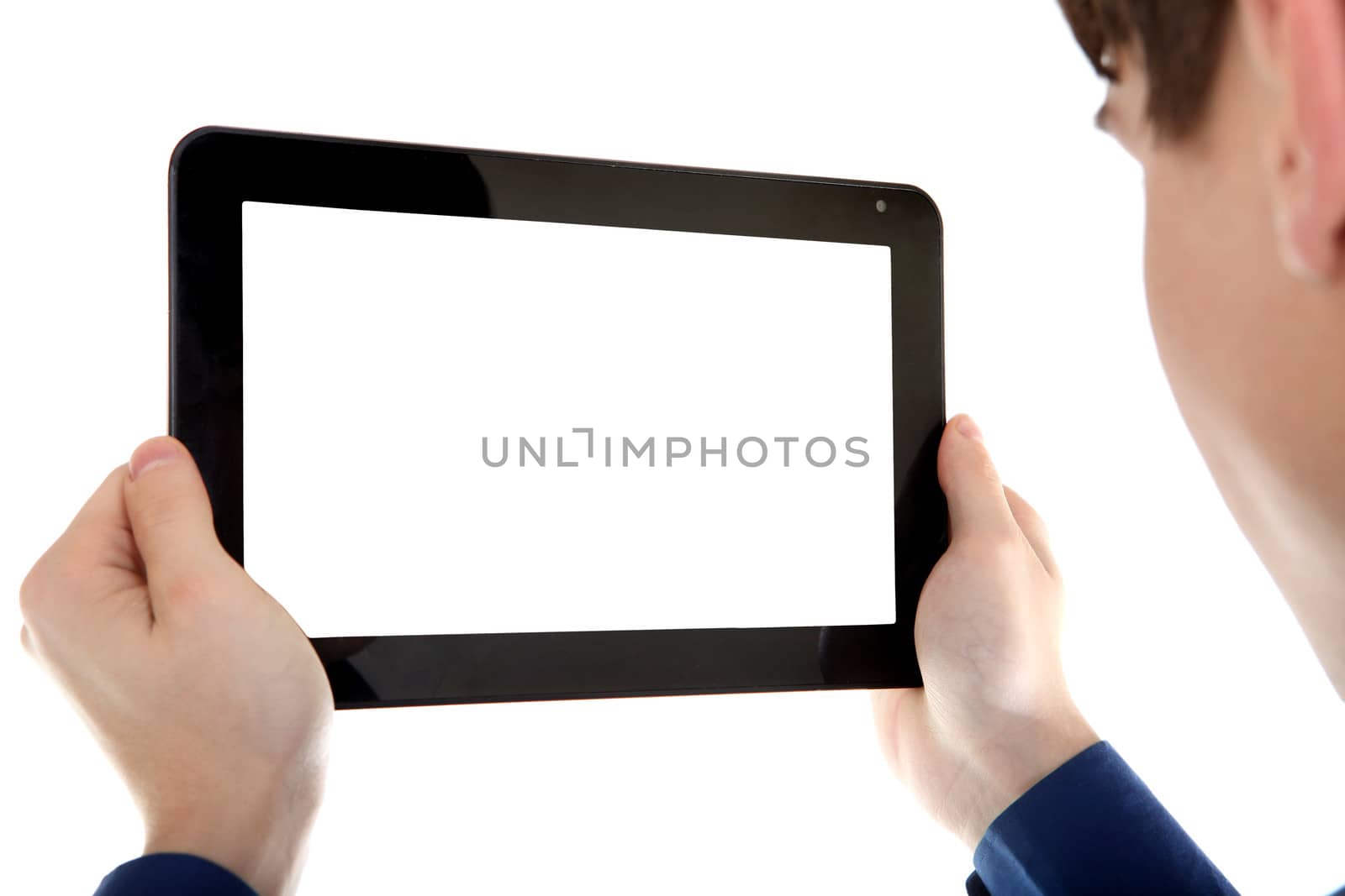 Young Man holding Tablet Computer with Empty screen Isolated on the White Background