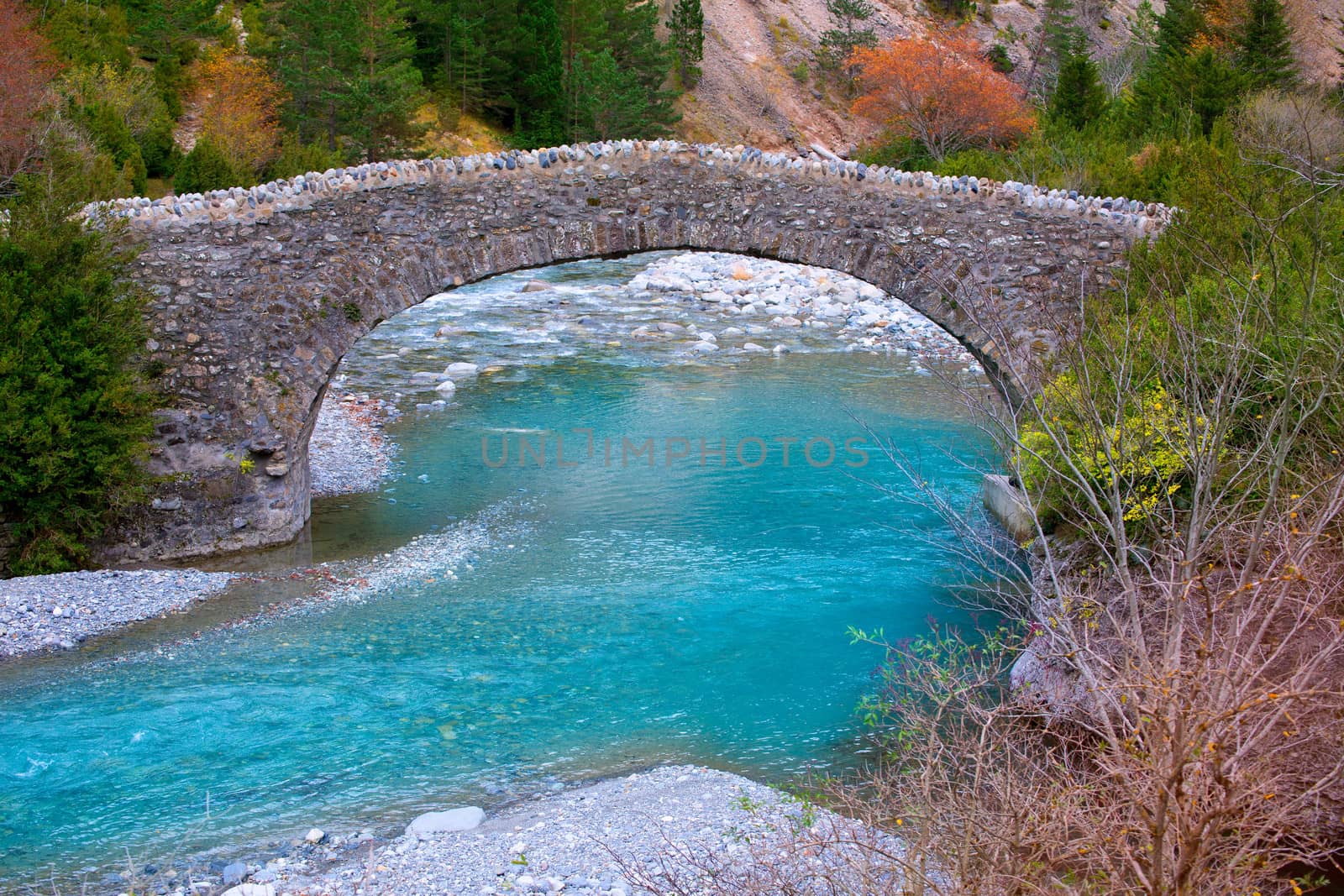 Rio Ara river and bridge San Nicolas de Bujaruelo in Ordesa by lunamarina