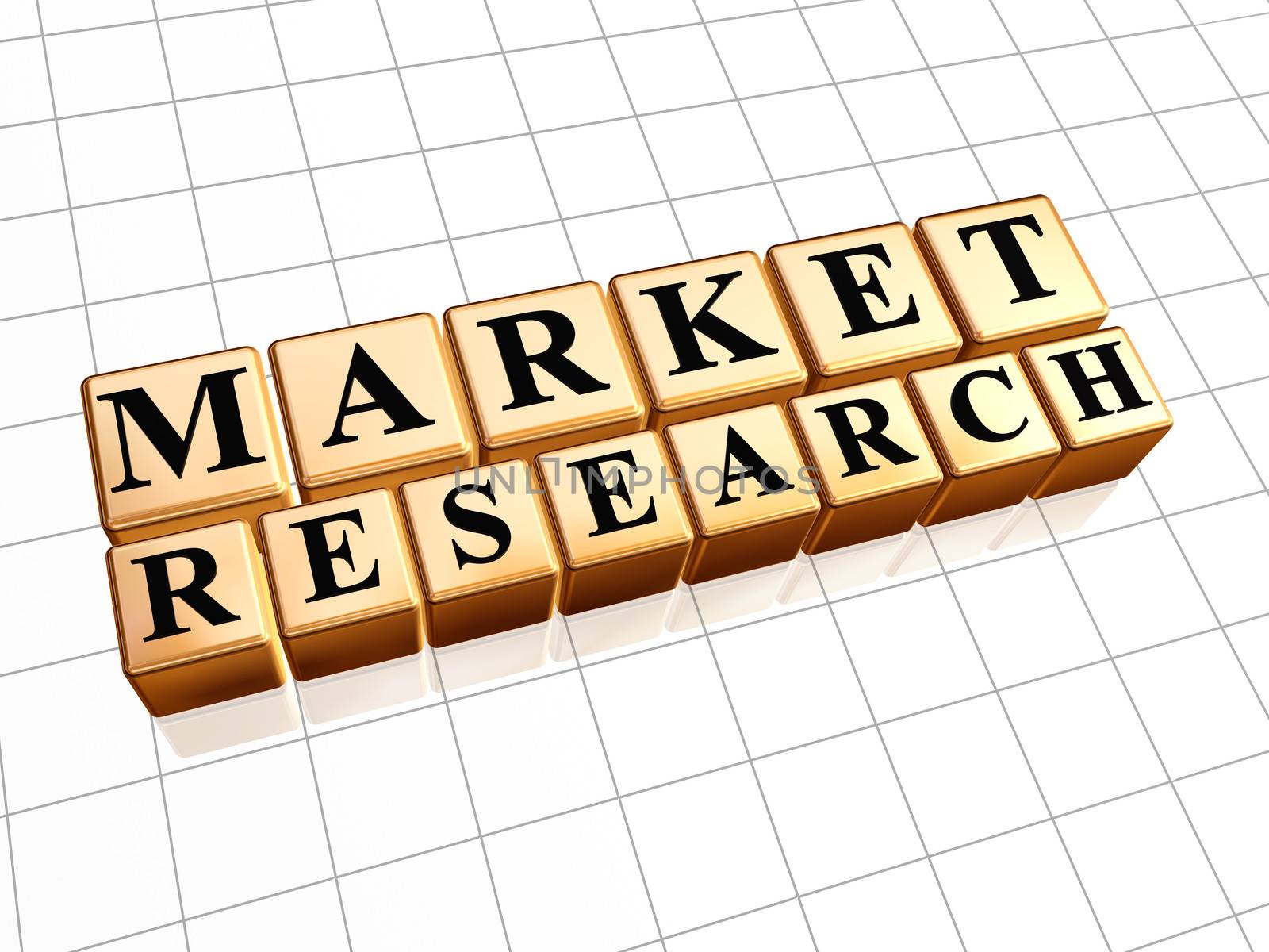 market research - text in 3d golden cubes with black letters, business marketing concept