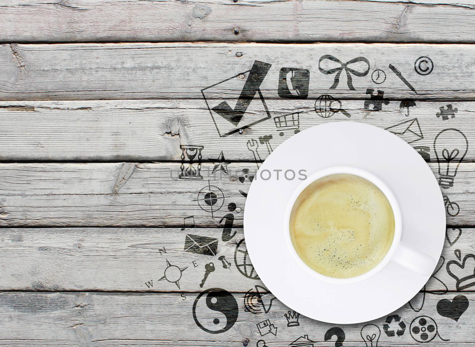 Coffee cup on an old wooden surface and social icons. Abstract concept