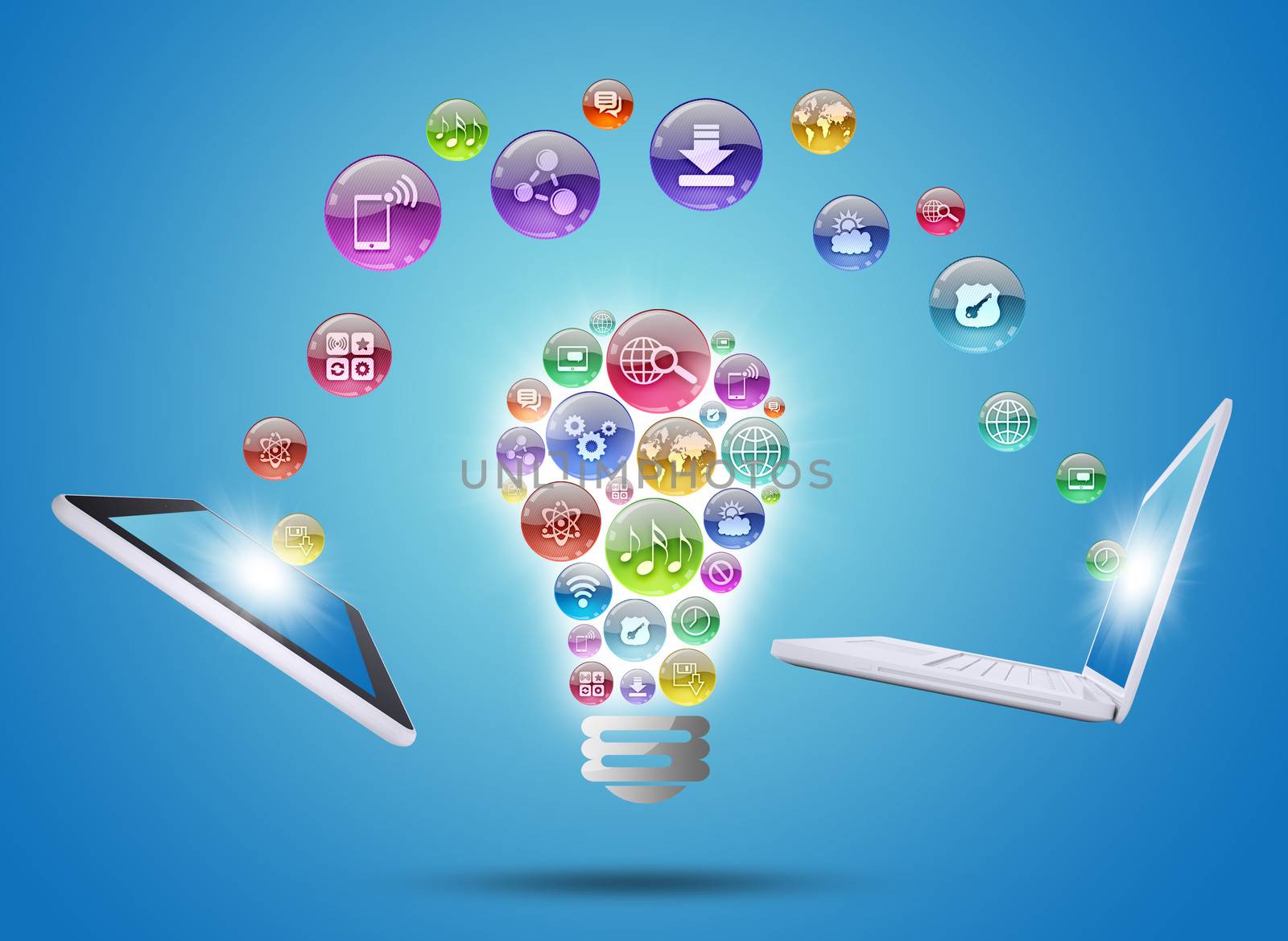 Lamp consisting of apps icons, tablet and laptop. The concept of software