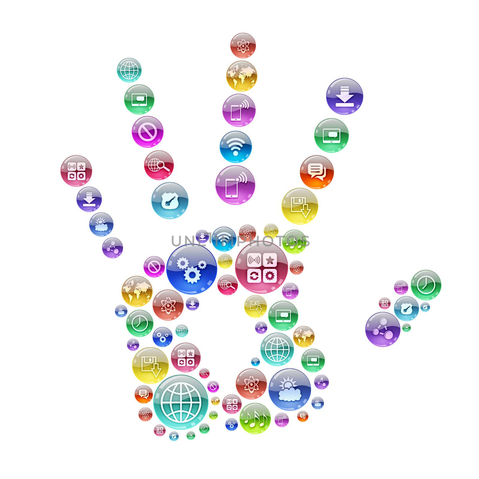 Silhouette human hand consisting of apps icons. The concept software