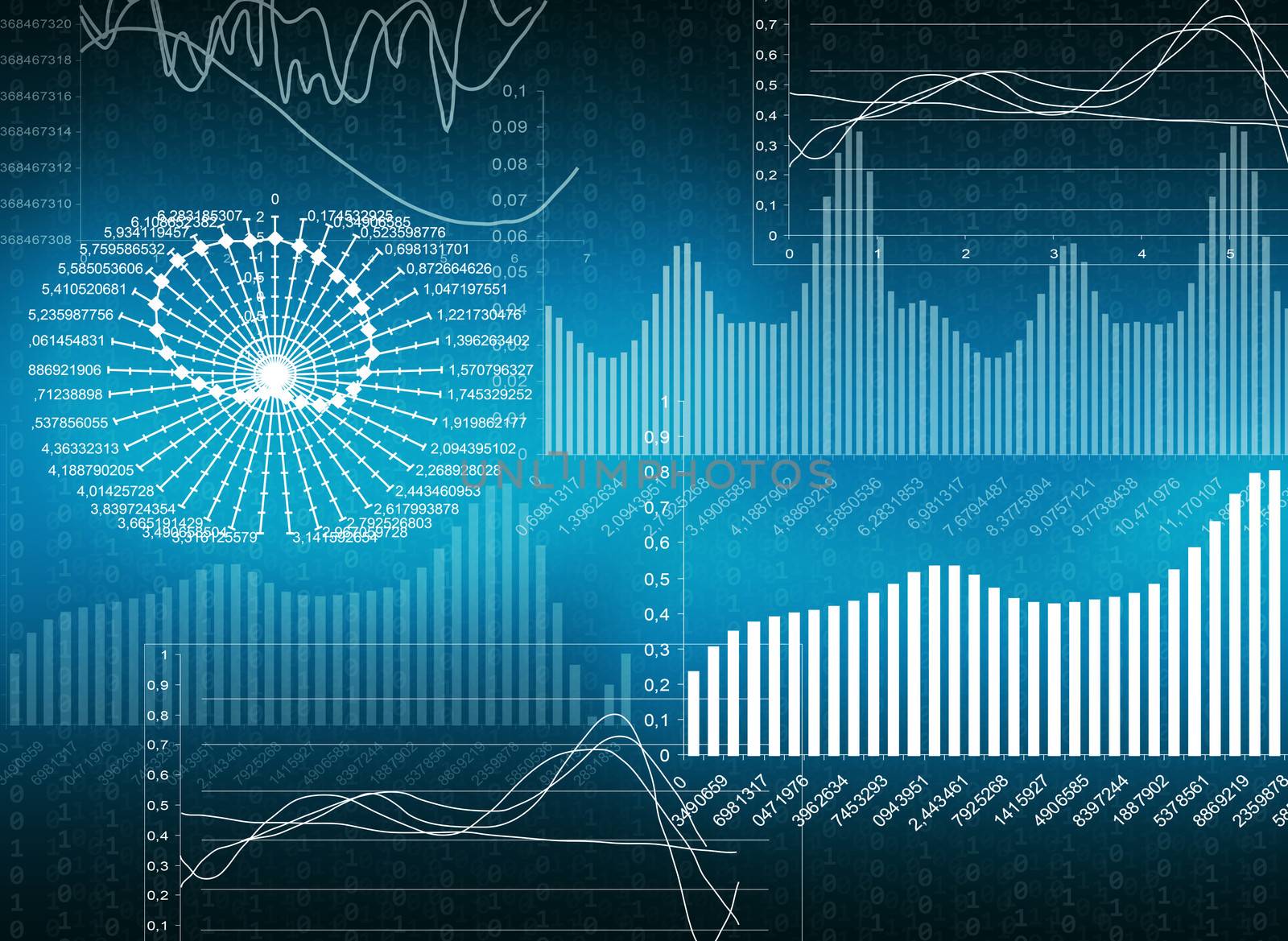 Graphics on blue background. The concept of the global economy