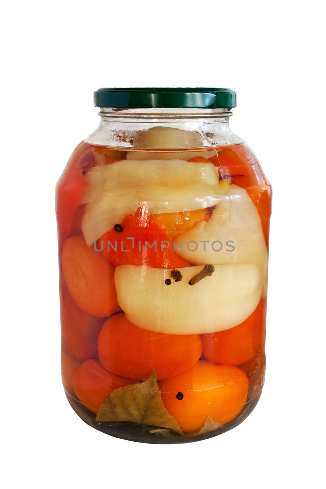  canned marinated tomatoes with pepper homemade isolated on white background