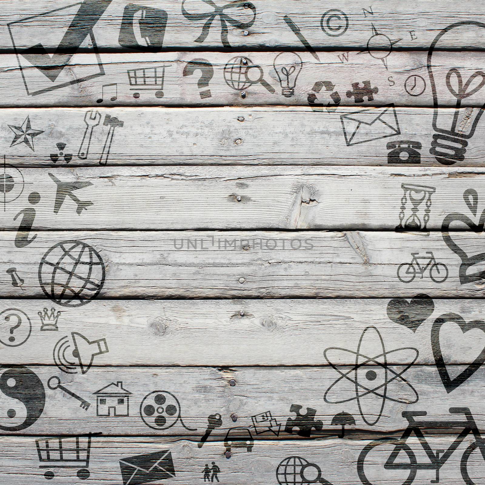 Various social icons on old wooden surface by cherezoff