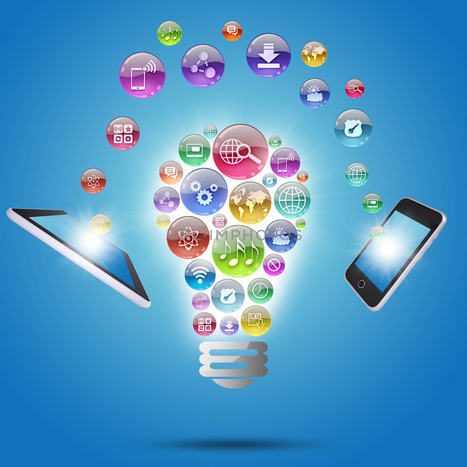 Lamp consisting of apps icons, tablet and phone. The concept of software