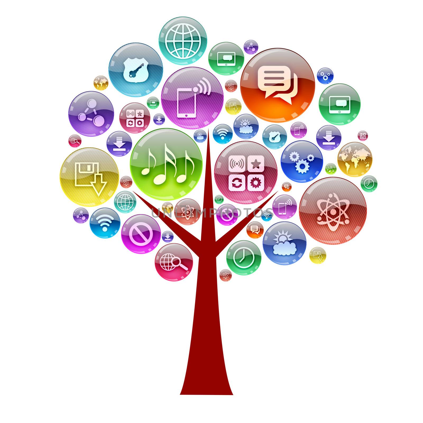Silhouette of a tree consisting of apps icons. The concept software