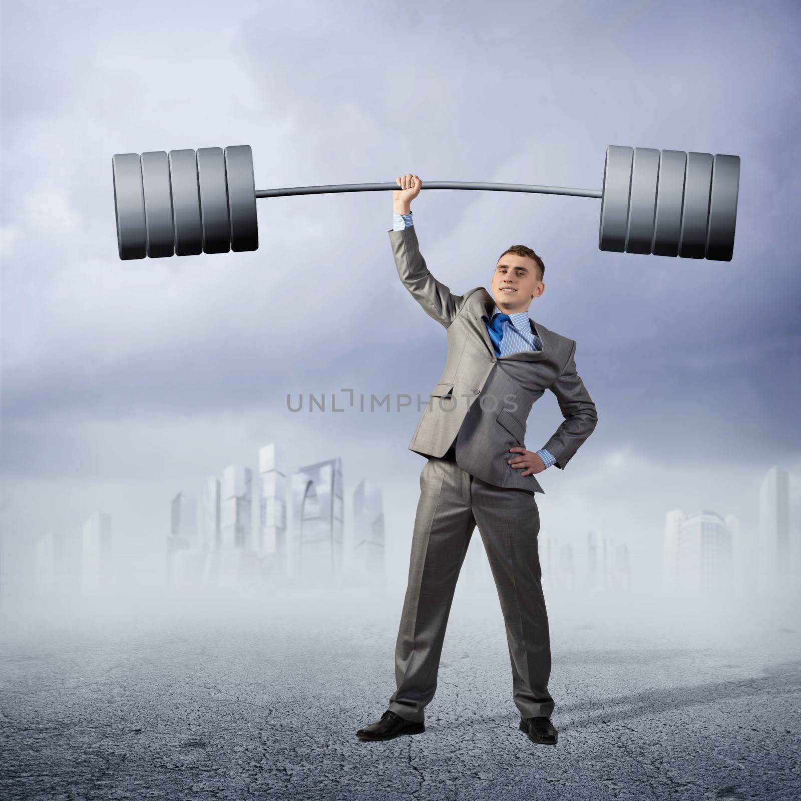 businessman holding a barbell with one hand, the concept of achievements in business