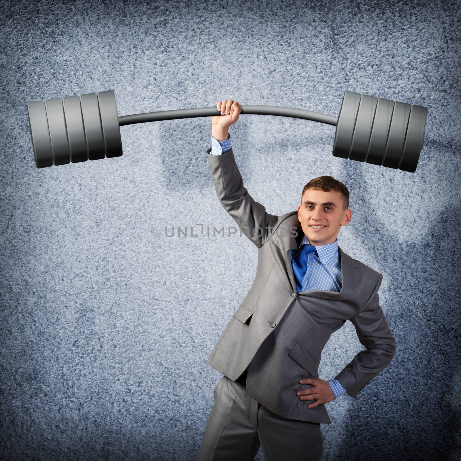 businessman holding a barbell with one hand, the concept of achievements in business