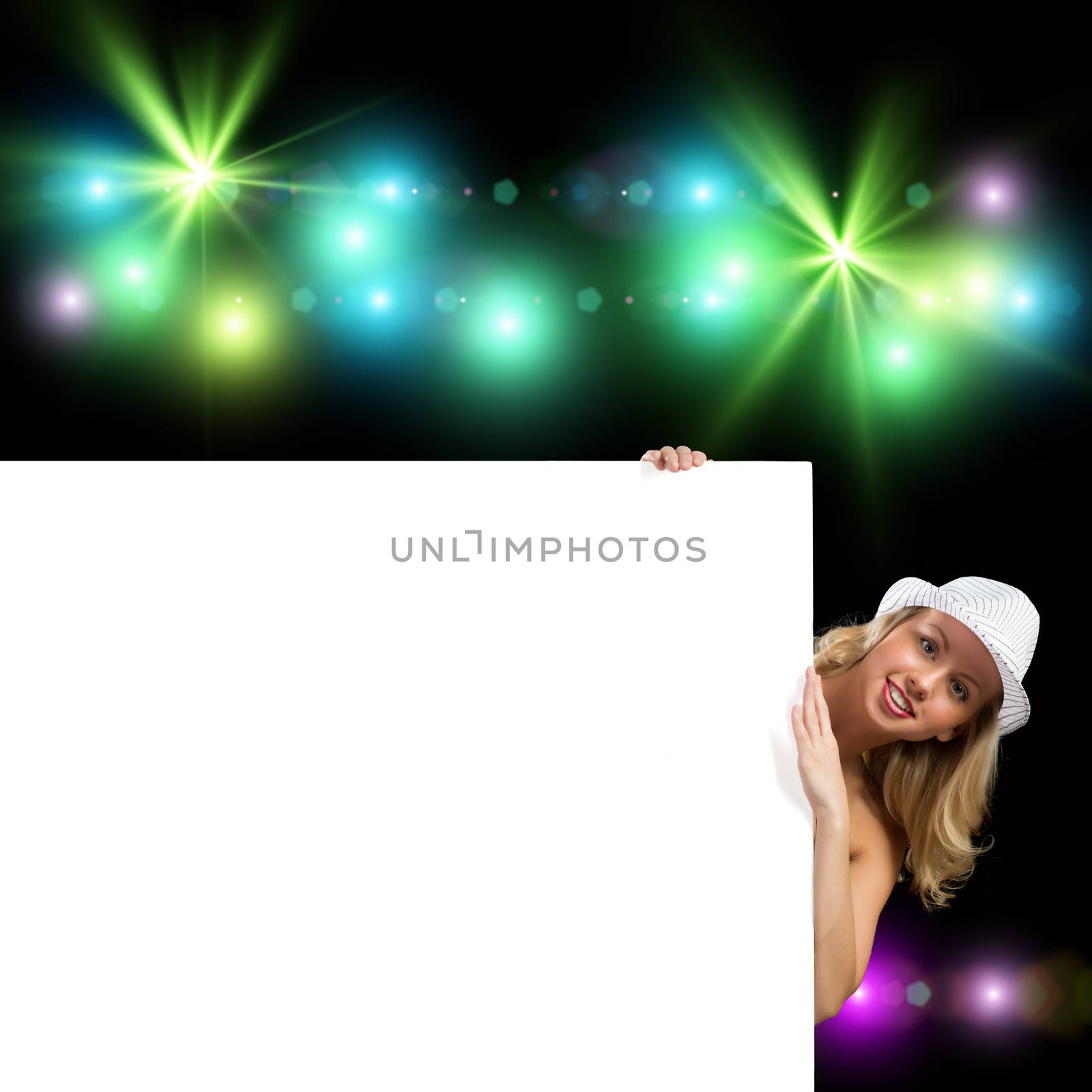 image of young attractive woman in bikini holding banner, copy space