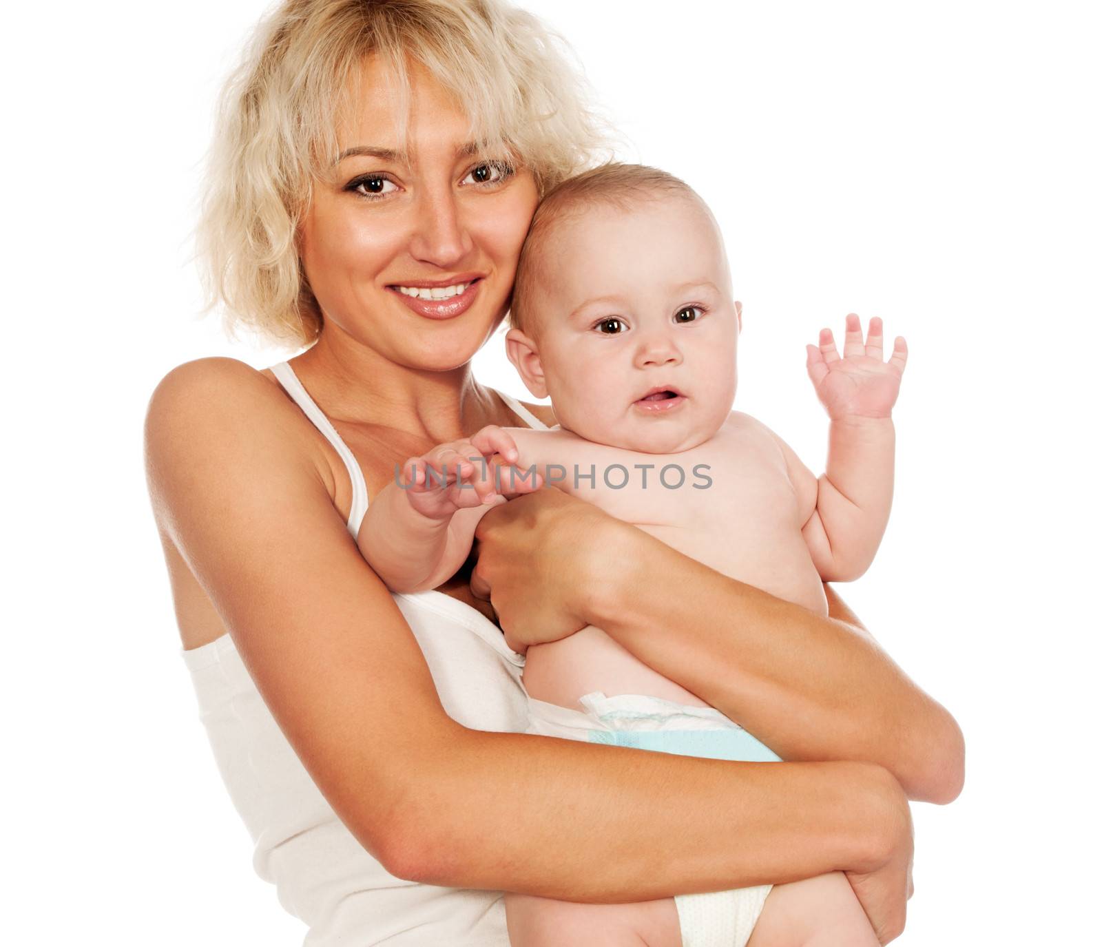 Beautiful young mother hugging baby. Isolated on white