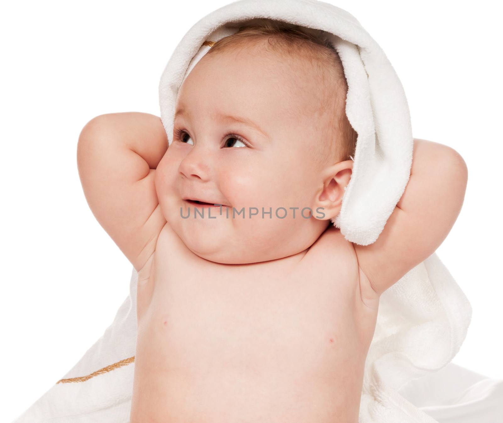 baby is hiding under the white blanket. Isolated on white