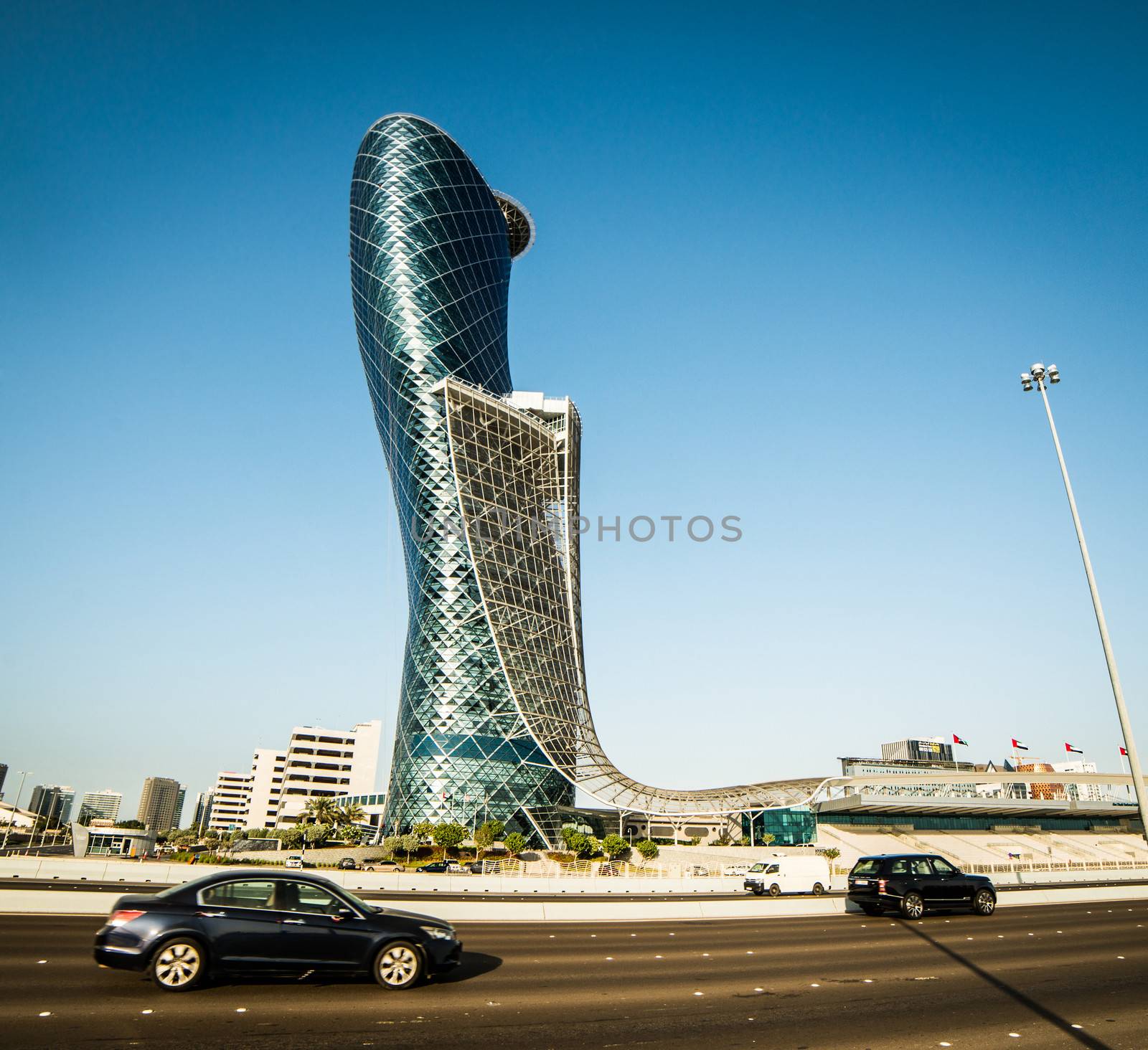 ABU DHABI, UAE - DECEMBER 18: The Capital Gate Tower on the December 18, 2013 in Abu Dhabi, This is certified as the Worlds Furthest Leaning Manmade in the world.