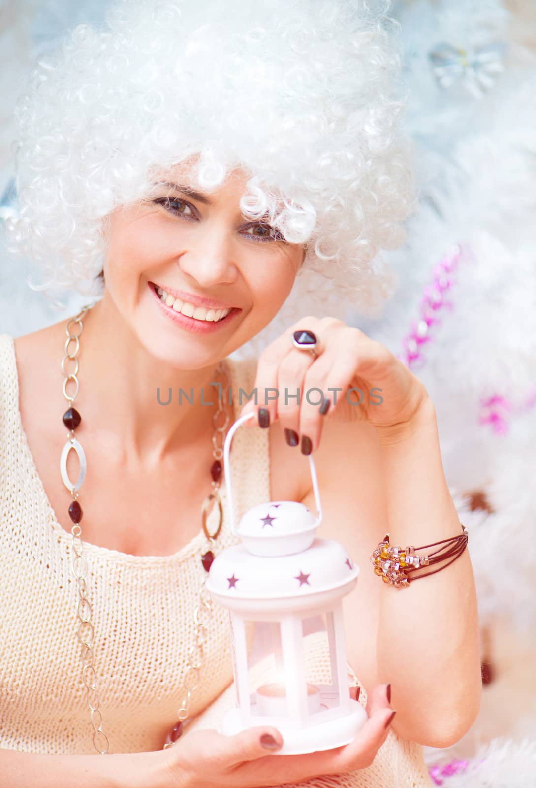 beautiful girl with white hair holding a lantern