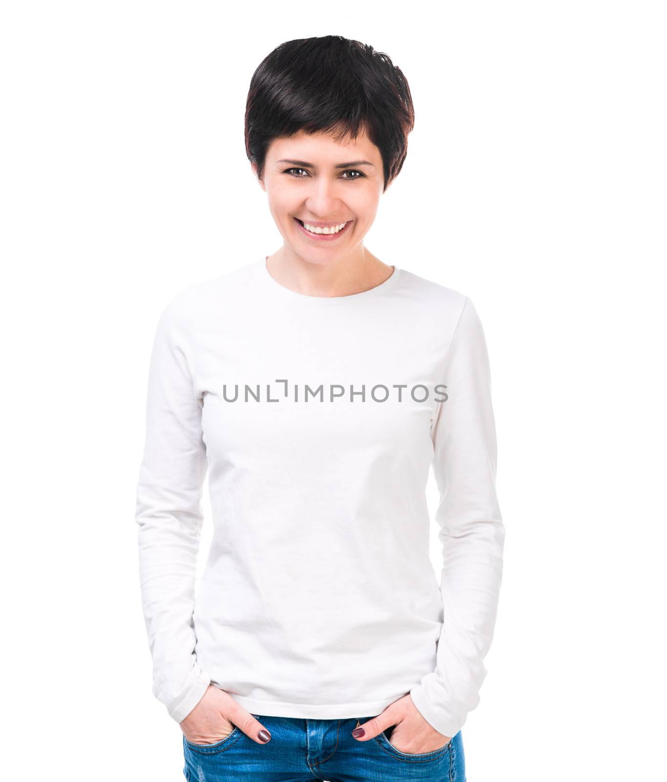 Smiling brunette woman in white blouse and jeans by GekaSkr