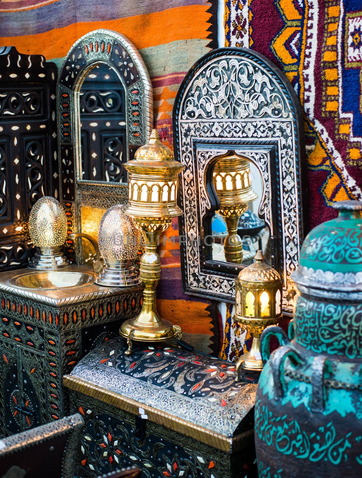 ancient oriental lamps, mirrors and chests