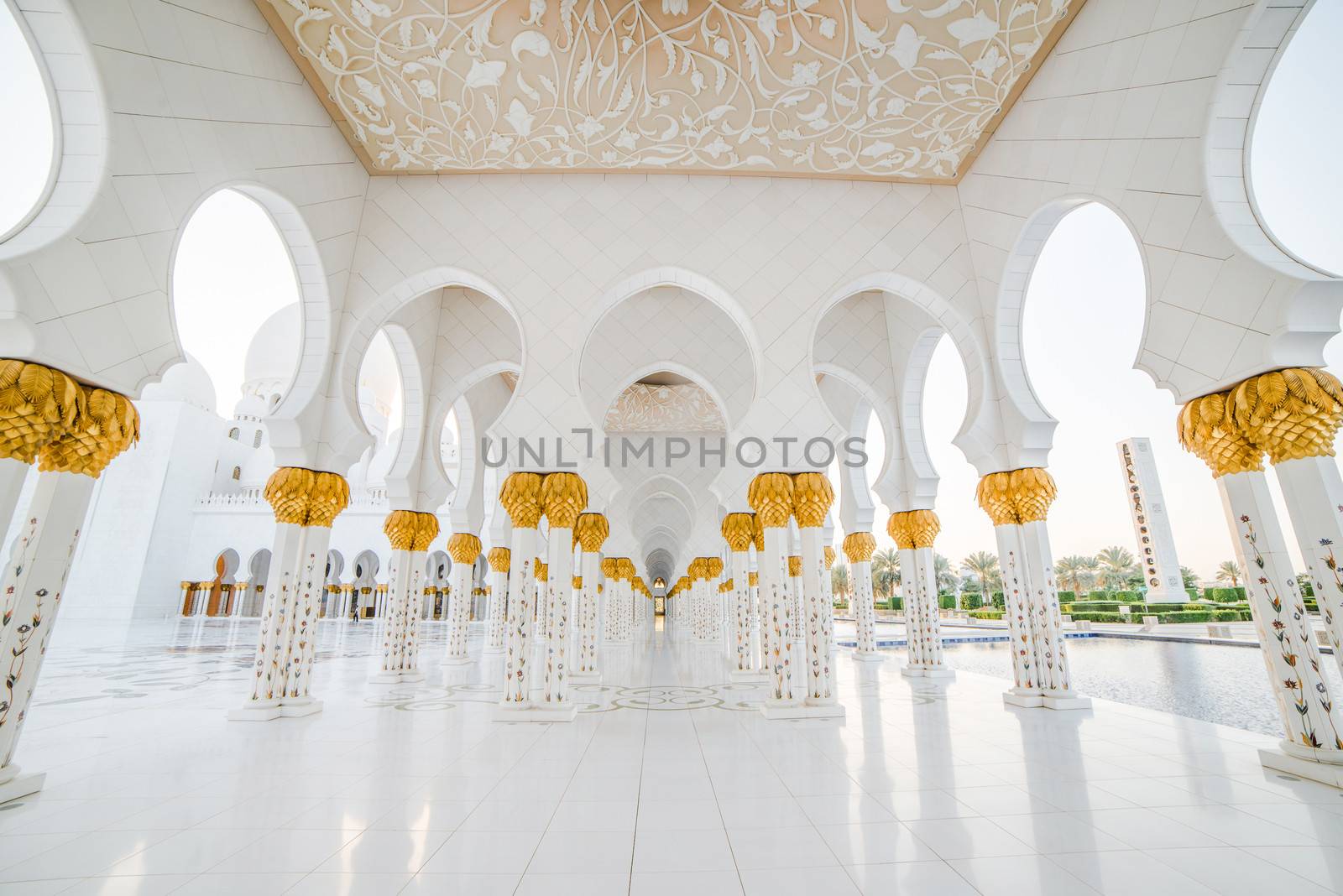 Beautiful columns Sheikh Zayed Mosque in Abu Dhabi, capital of the United Arab Emirates.