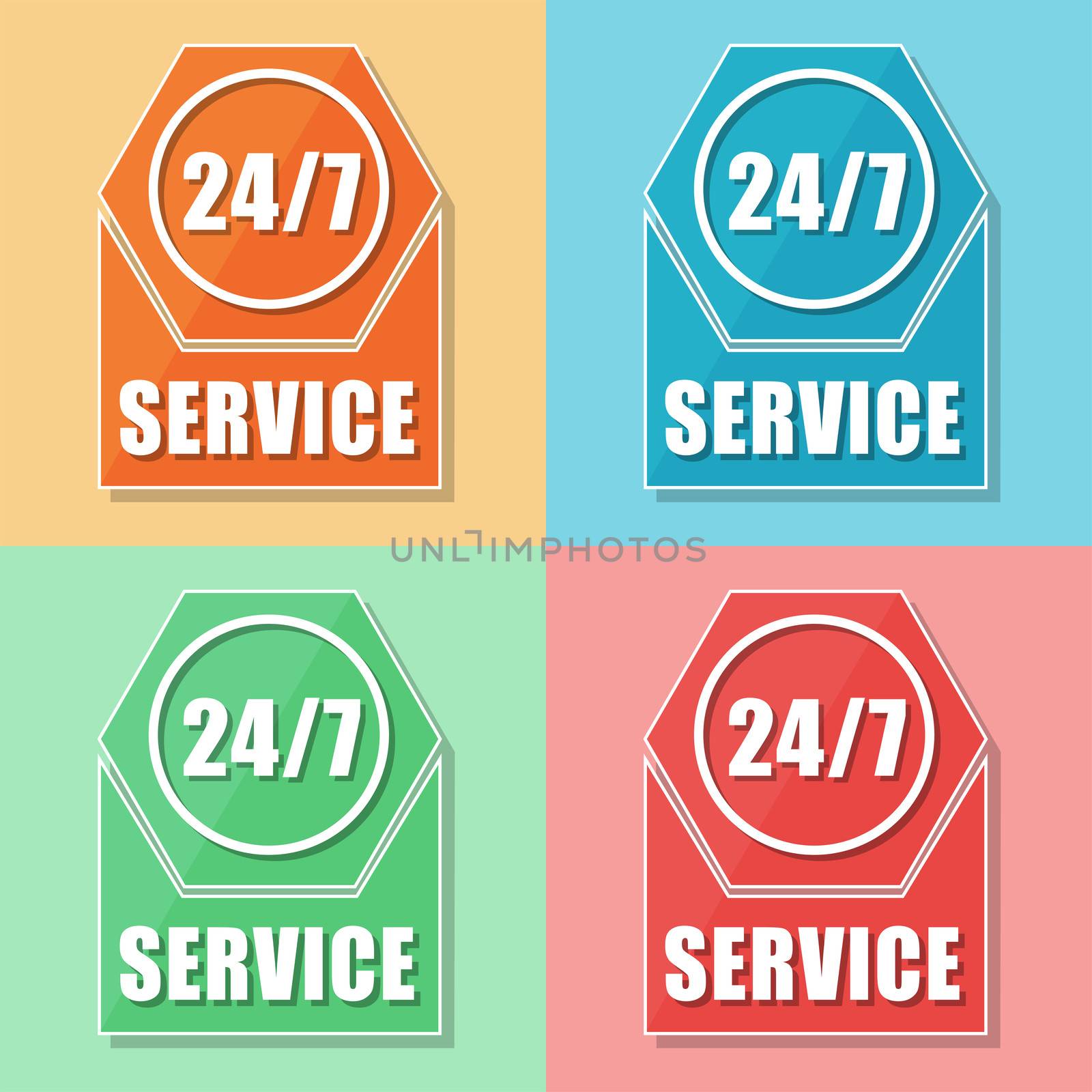 24/7 service, four colors web icons, flat design, business support concept