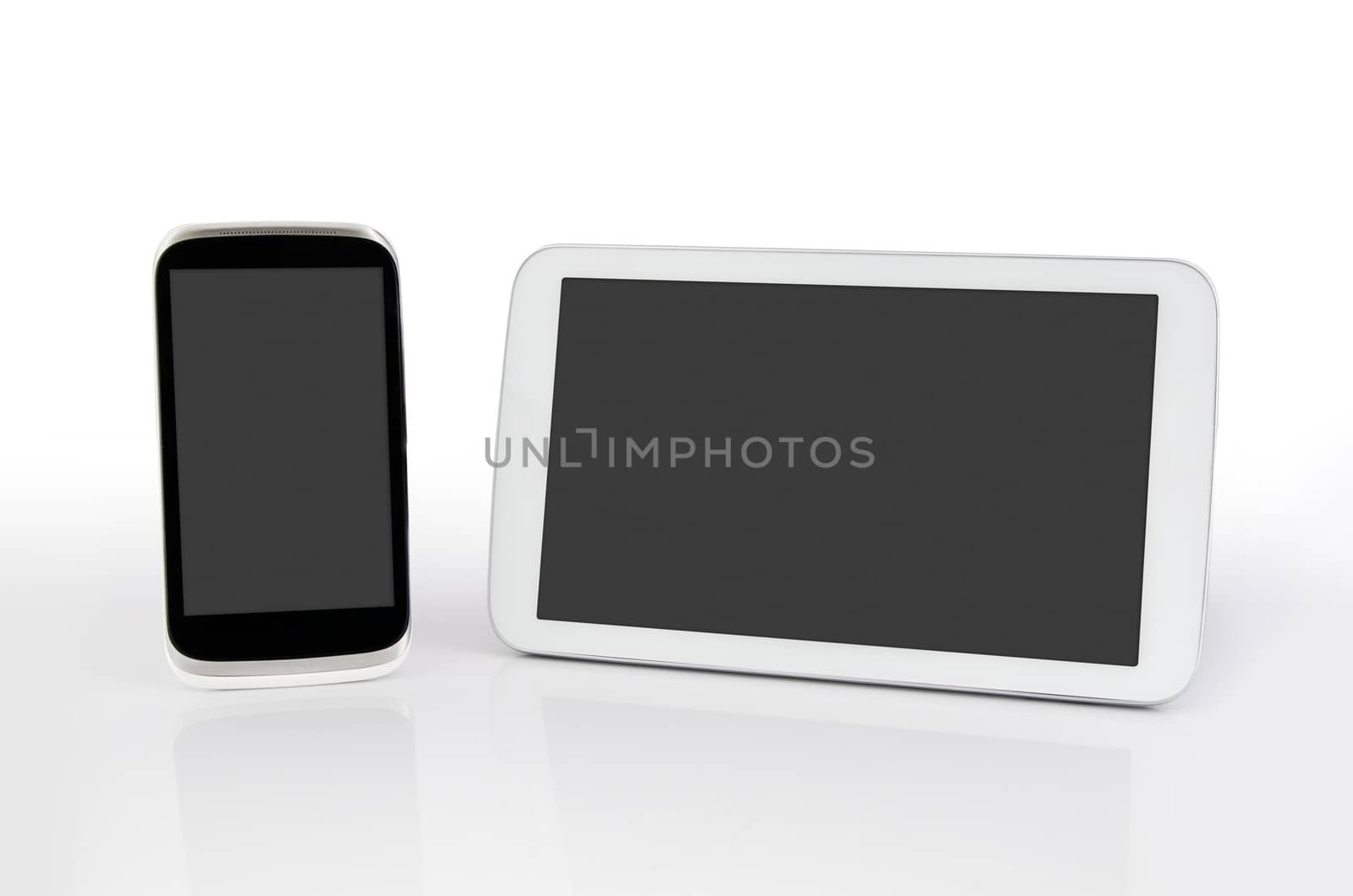 Mobile phone and tablet with blank screen. Modern flat devices with reflection background