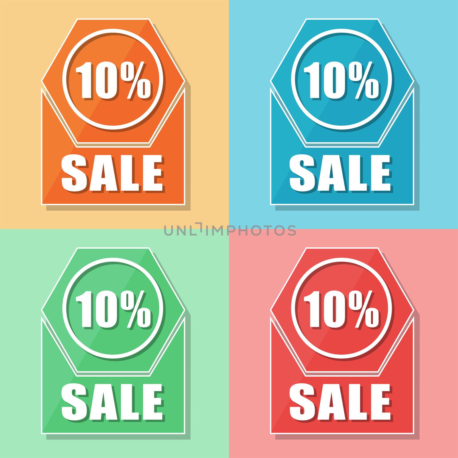 10 percentages sale, four colors web icons, flat design, business shopping concept