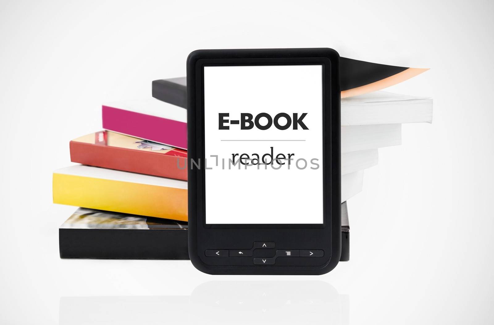 Modern e-book reader with books in background by simpson33