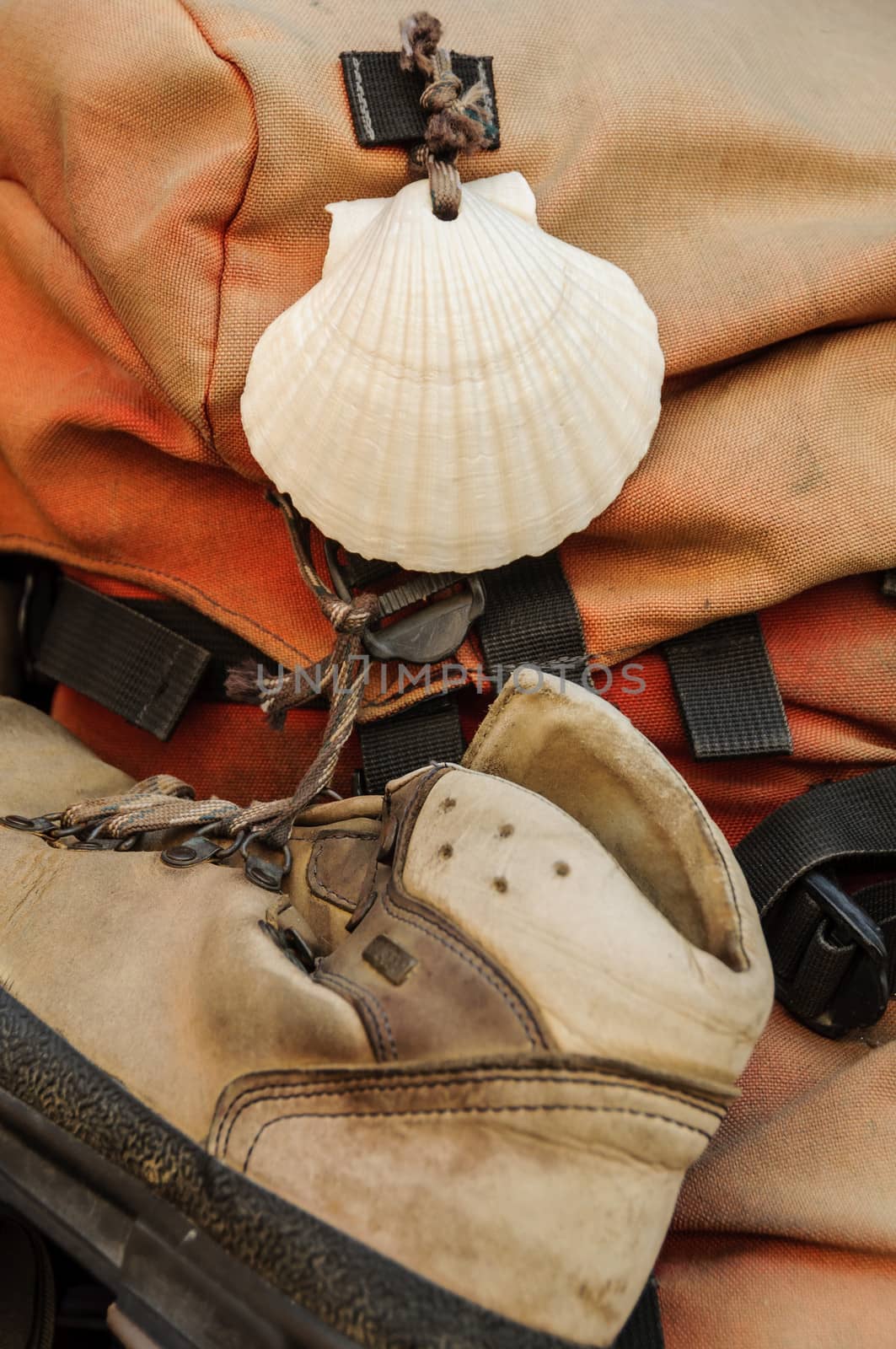 Shell and shoe on the backpack of a pilgrim on the Camino de Santiago
