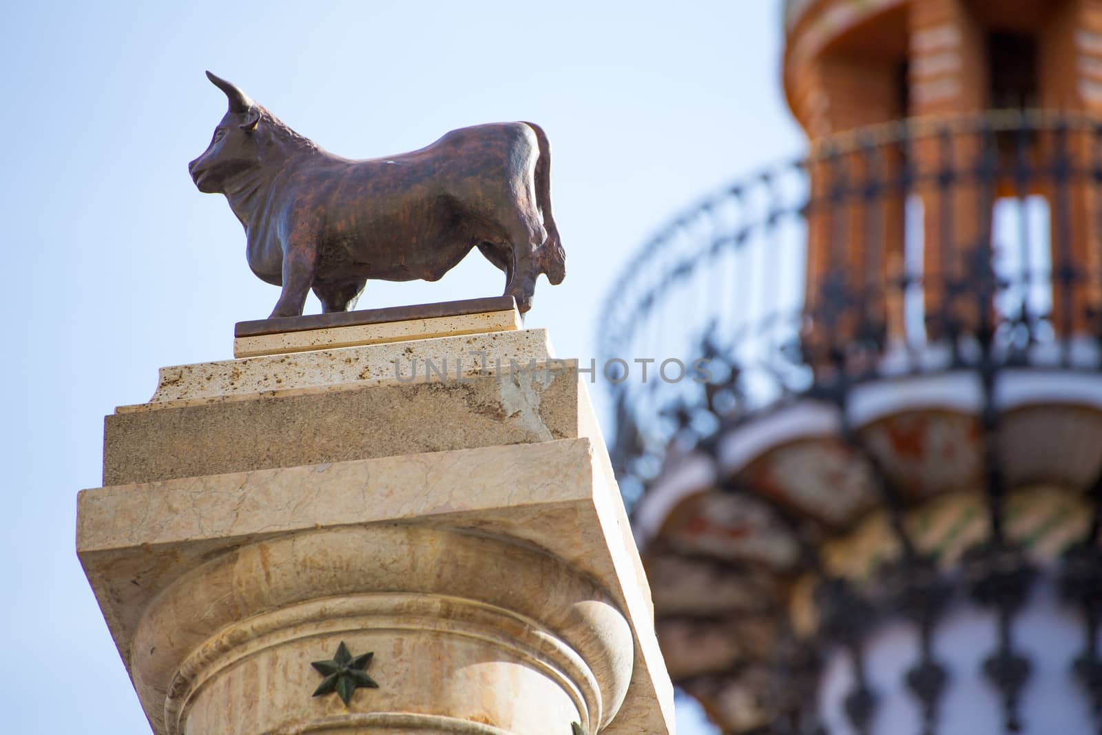 Aragon Teruel El Torico statue and modernist building in Plaza Carlos Castel square at Spain