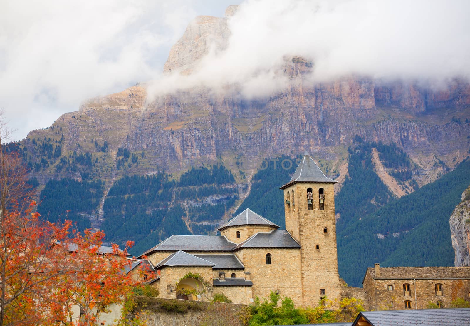 Torla Church in Pyrenees Ordesa Valley door Aragon Huesca Spain