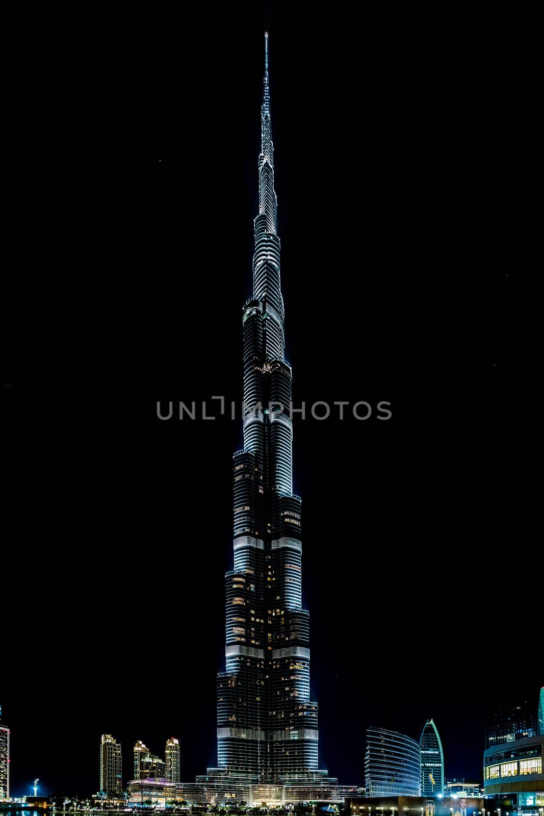 Burj khalifa, the tallest skyscraper to date, soaring above all of the buildings in downtown Dubai