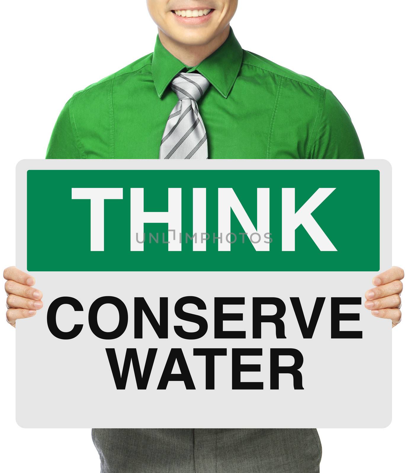 A man holding a signboard on water conservation