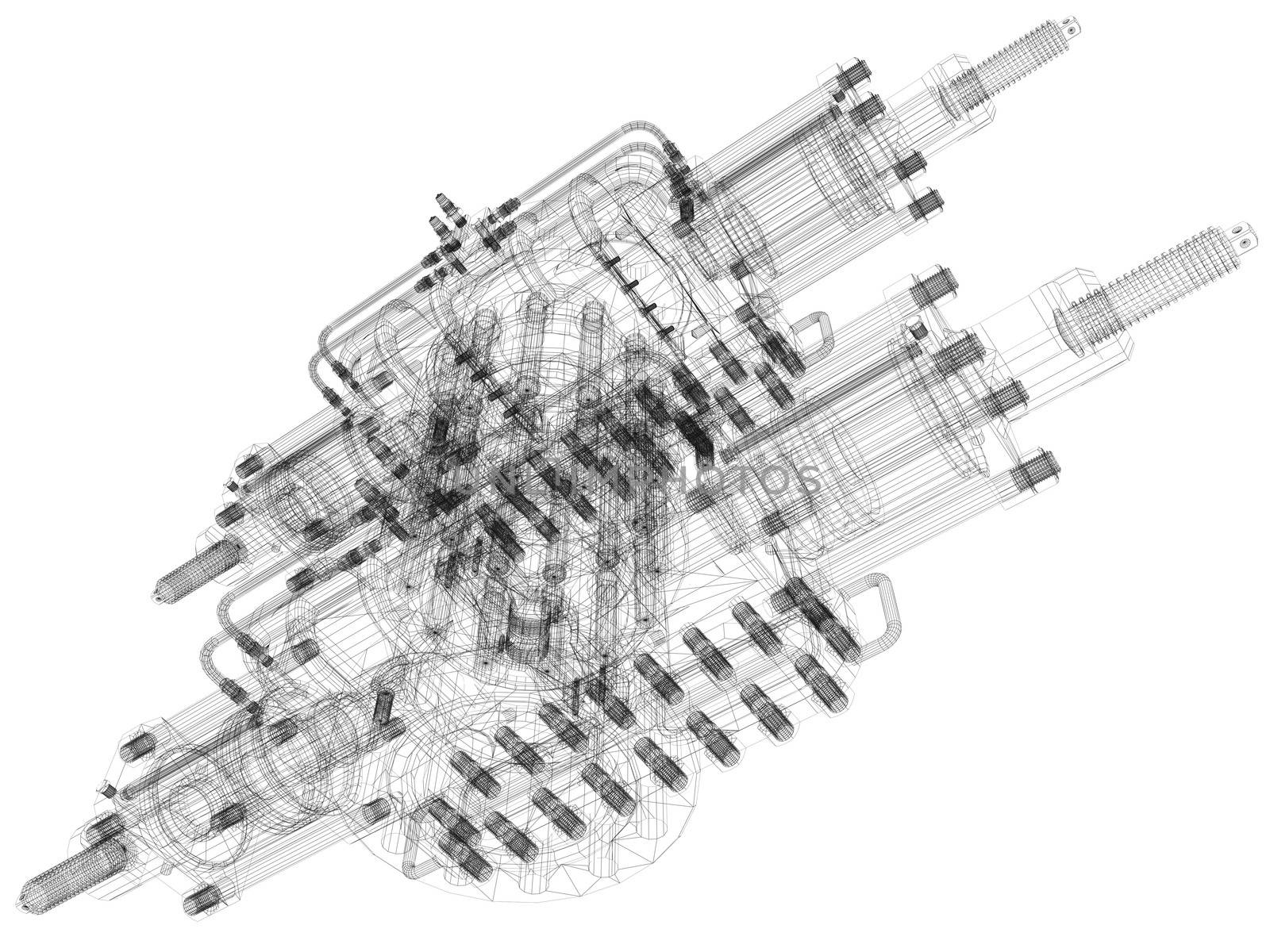 Industrial equipment. Wire-frame render isolated on white background