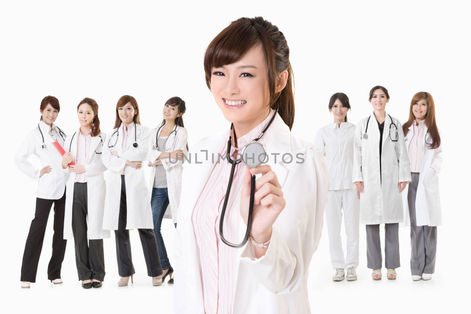 Asian doctor woman stand in front of her team and using stethoscope, closeup portrait on white background.