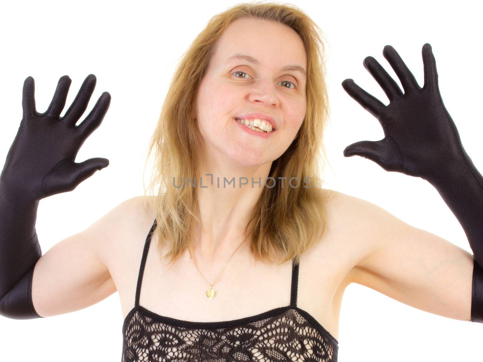 Attractive woman dancing on white background