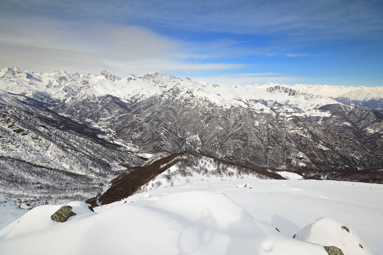 Winter landscape in a cloudy day with soft light in the background