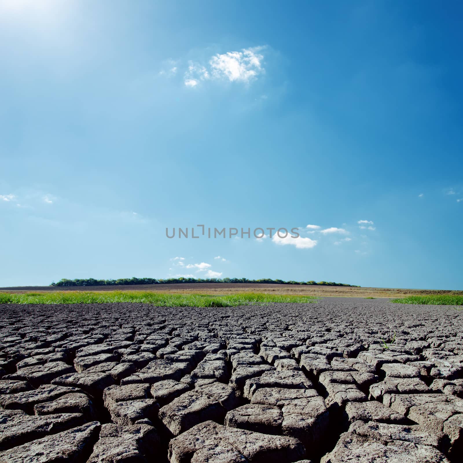 hot sunlight in blue sky over drought earth