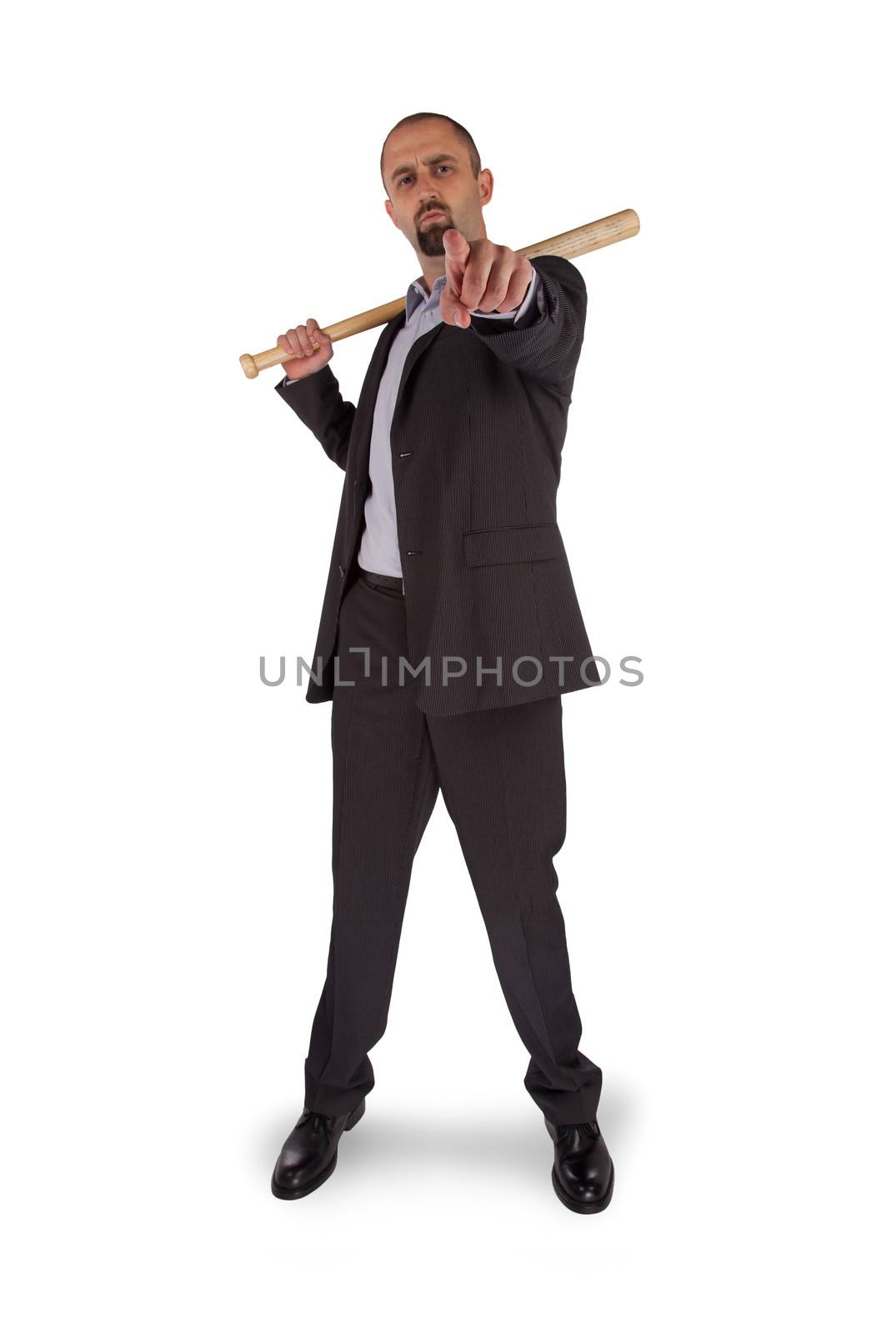 Portrait of angry businessman holding baseball bat over white background