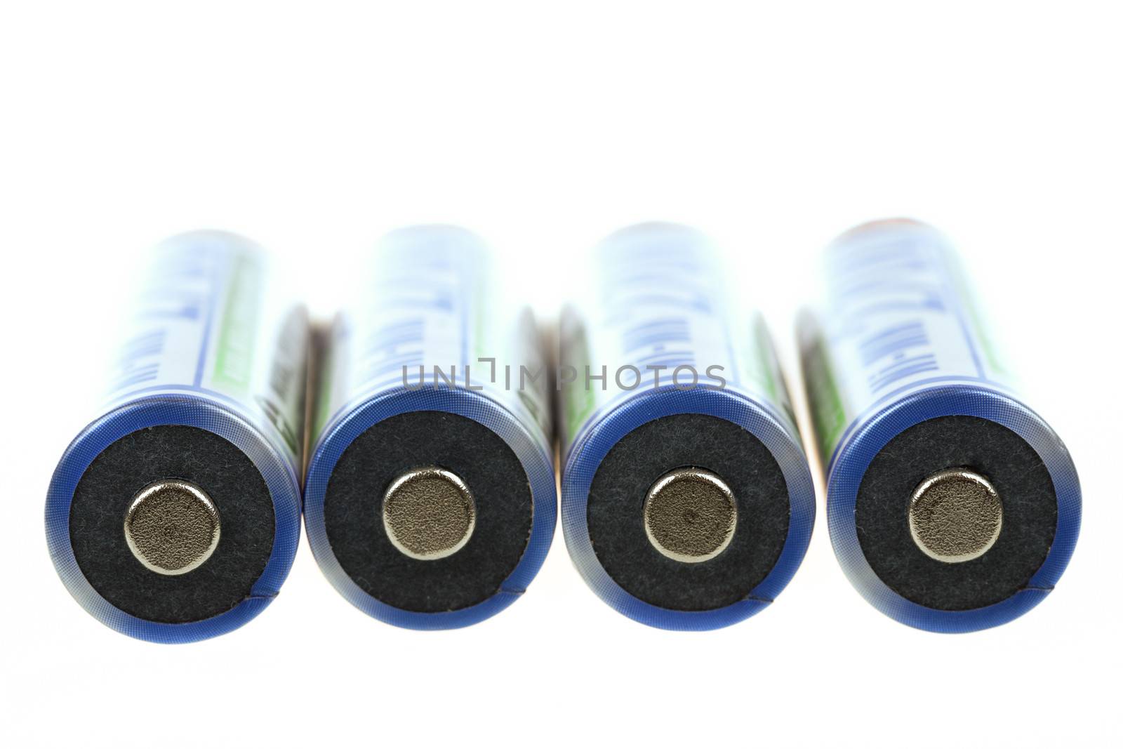 macro of rechargeable NIMH batteries on white background 