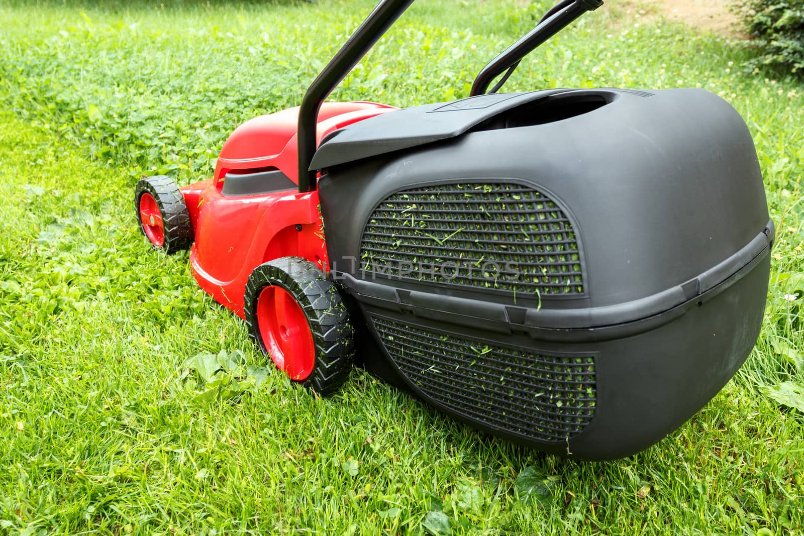  new lawnmower on green grass in cloudy day